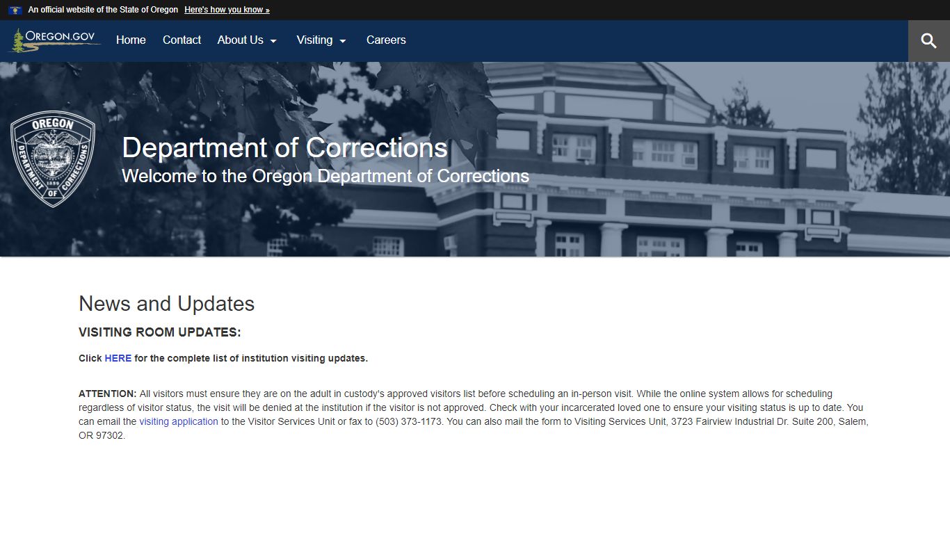 Department of Corrections : Welcome Page : State of Oregon