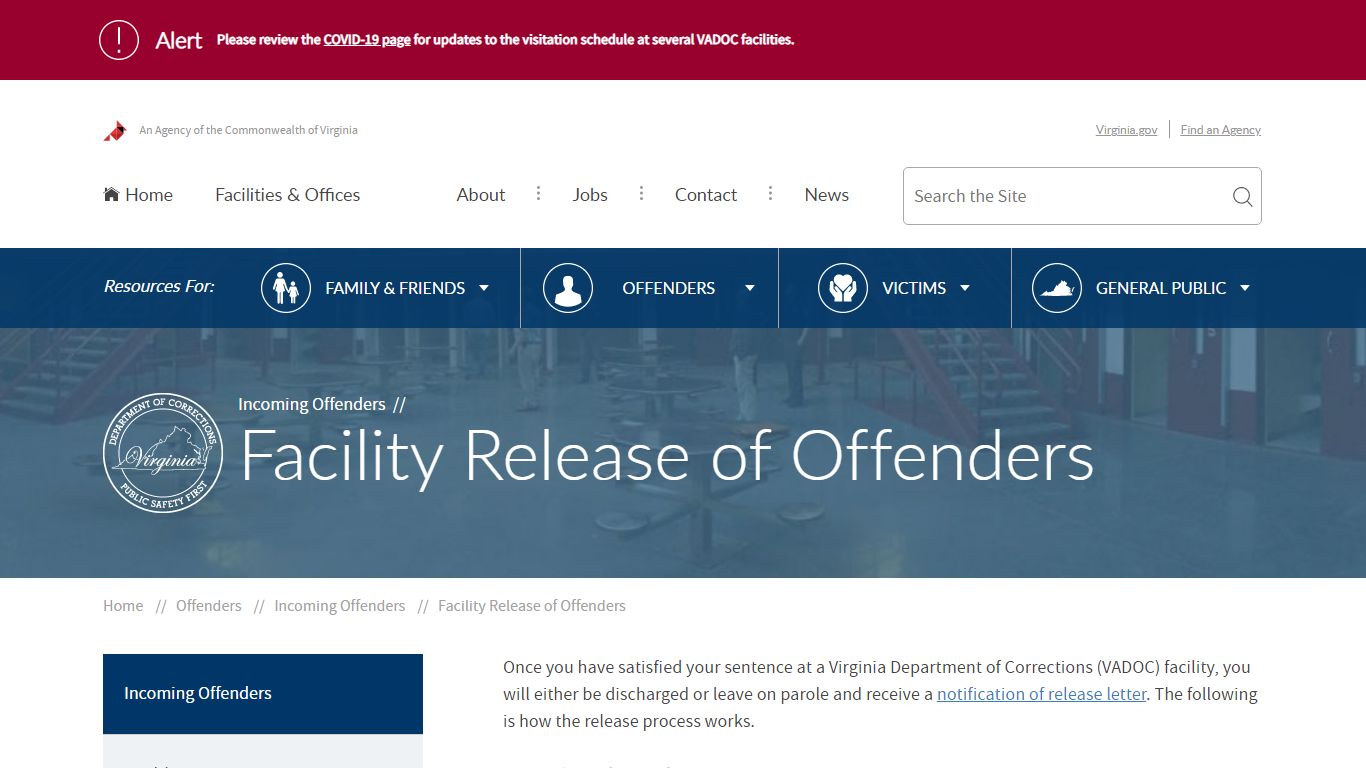 Facility Release of Offenders - Virginia Department of Corrections